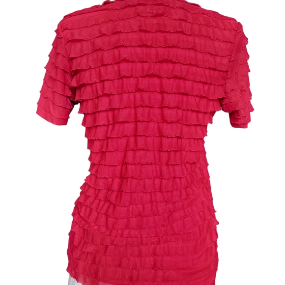 NWOT jason maxwell Stretchy Burgundy Red Ruffle Short Sleeve Blouse Size M Petit - Picture 3 of 11